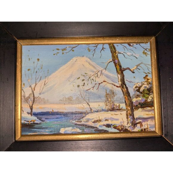 Set Of 4 Hand-Painted Mount Fuji Seasonal Scenes in Black & Gold Wooden Frames - Picture 1 of 16